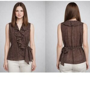 New York & Company Wrap Blouse Womens Small Brown Polka Dot Ruffle Siren Chic